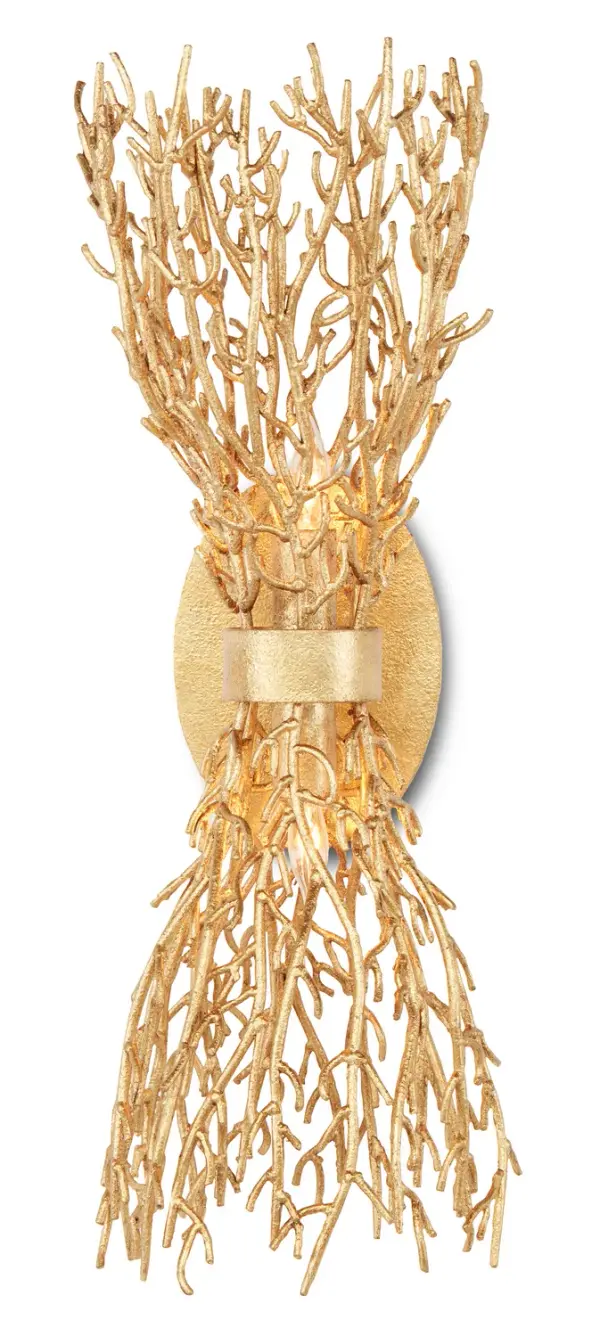 This nature-inspired wall sconce features delicate wrought iron sprays finished in gold gilt that evoke underwater sea fans. Designed by Aviva Stanoff, it brings organic coastal elegance to intimate spaces with its sculptural form and warm metallic glow.