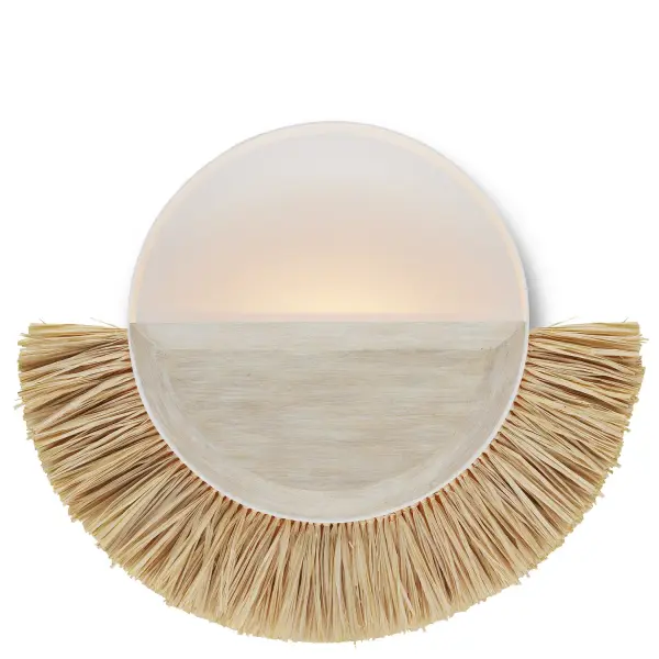 A distinctive coastal wall sconce featuring hand-cut raffia sprays that create warm, filtered light. The sugar white iron frame and sandstone wood panel deliver organic texture with flexible mounting orientation.