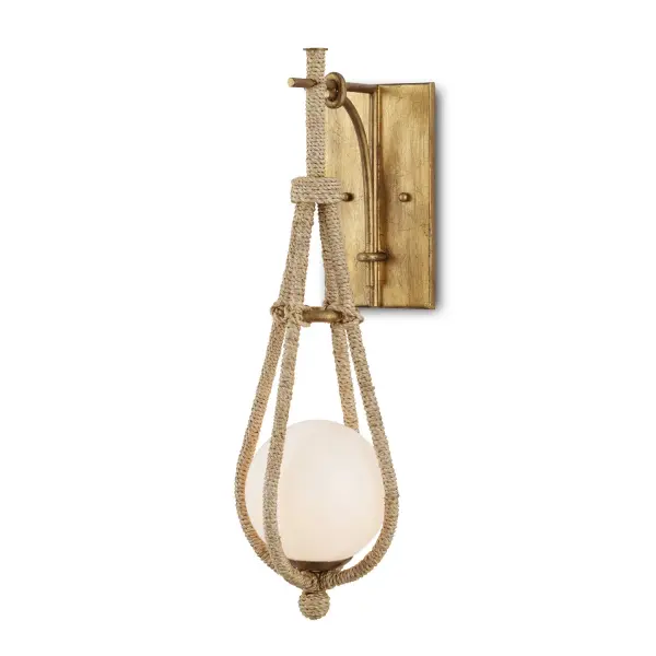 A textured wall sconce featuring natural abaca rope wrapped around a pear-shaped element, complemented by warm dorado gold metalwork and a frosted glass globe. Perfect for coastal and lakeside homes seeking organic texture.