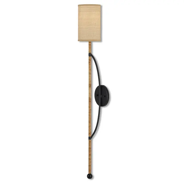 A seriously clever design, the Capriole Rattan Wall Sconce appears to be a floating stem of natural material when viewed from the front. But when seen from the side, the bow-shaped hardware that attaches it to the backplate creates a dynamic design detail. To contrast the natural rattan, the metal is finished in satin black, creating a striking balance. Collection: Capriole Finish: Natural/Satin Black Glass: Natural Grasscloth Width: 5.00" Height: 39.75" Length: 6.00" Weight: 3.00 lb Extension from Wall: 6.00" Wire: 1'Black/White Canopy: 0.5" Number of Bulbs: 1 Maximum Wattage: 40.00 W Bulb Type: B Torpedo Bulb Base: E12 Dimmable Voltage: 120.00 V Material: Rattan / Wrought Iron / Grasscloth Country of Origin: Philippines Safety Listing: UL/cUL Safety Rating: Dry Manufacturer Warranty: Warrants products for 1 yr against defects in materials & workmanship