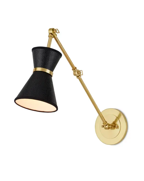 Designer Suzanne Duin's Avignon sconce brings authentic French flair through handwoven black paper shades and polished brass accents. The adjustable gold rods and textured shade create sophisticated ambiance in intimate spaces.