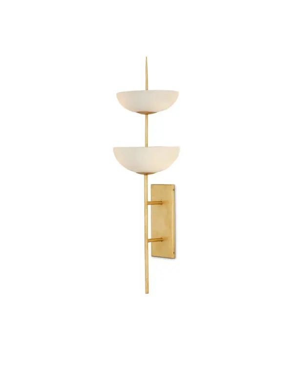 The Follett Wall Sconce brings architectural drama with its 34-inch vertical design inspired by fountain symmetry. Four glowing white composite bowls create ambient illumination along a slender gold leaf stem, perfect for tall walls and grand spaces.
