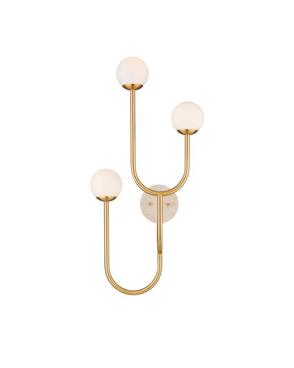 A statement wall sconce that combines nostalgic milk glass globes with modern materials. The undulating brass stems create visual interest at three heights, while the travertine backplate adds natural texture and warmth.