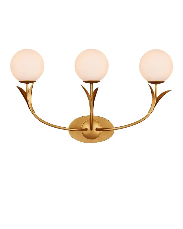 The Rossville combines nostalgic globe lighting with modern organic design through flowing leaf-like arms in gold leaf finish. Three frosted white glass globes provide balanced illumination perfect for vanities and hallways.