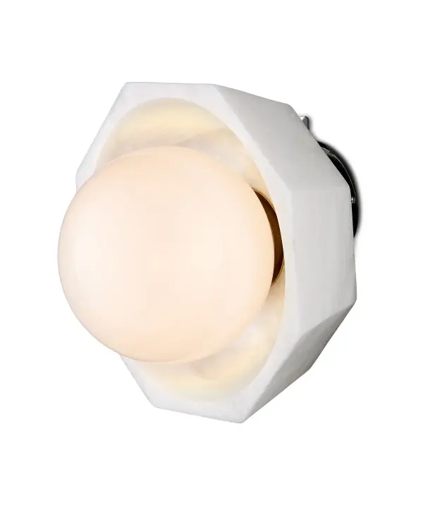The Waystone sconce showcases natural alabaster carved into an octagonal bowl shape, creating a warm, diffused light. Its compact 10-inch profile and organic aesthetic make it ideal for intimate spaces seeking artisanal character.