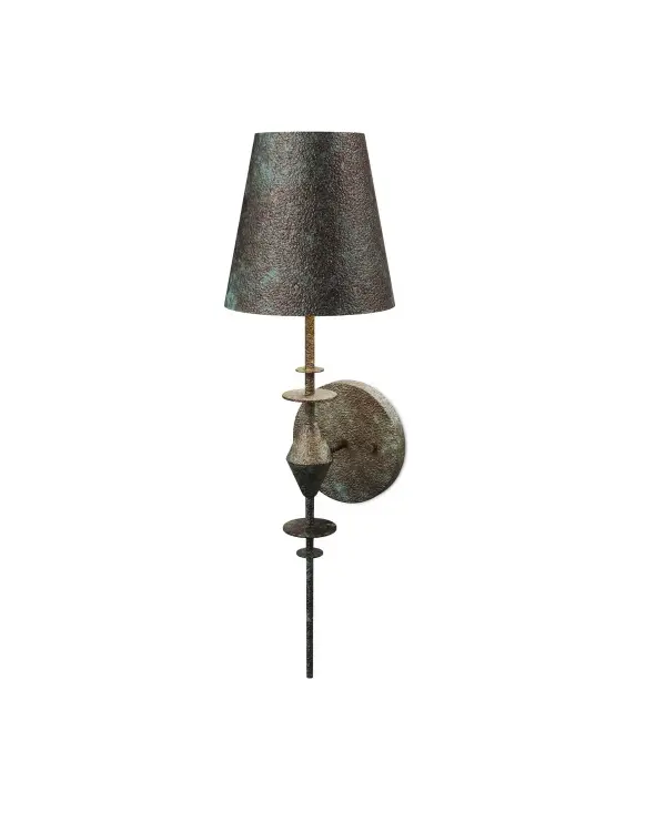 The Anselm Wall Sconce brings artistic appeal with its deeply textured wrought iron construction in verde bronze and contemporary gold. Its geometric accents and handcrafted feel make it ideal for adding visual interest to hallways, bedrooms, and entryways.