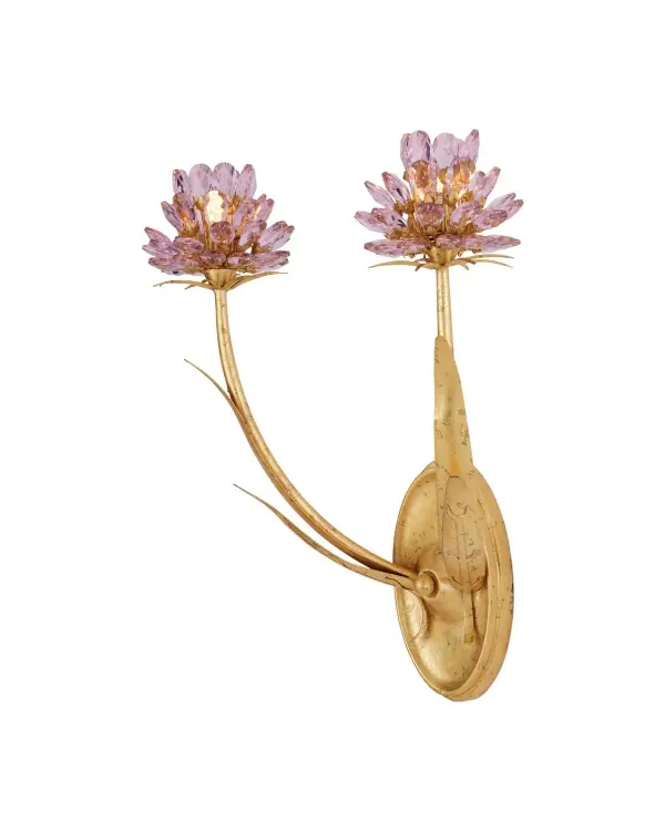 The Marilee Wall Sconce combines traditional elegance with playful charm through faceted pink crystal blossoms and Dutch Gold Leaf metalwork. Its compact size and soft glow make it ideal for intimate spaces.