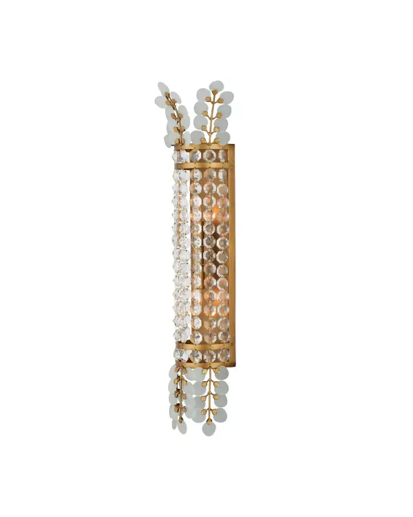 Bunny Williams' Bradshaw sconce combines architectural elegance with refined sparkle. The slender brass column adorned with crystal baguettes and frosted glass discs creates a sophisticated vertical statement perfect for formal spaces.