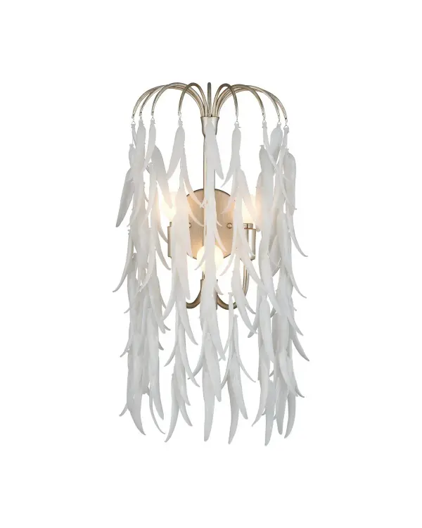 The Glen Arbor brings organic elegance to any space with its cascading white glass leaves and contemporary silver finish. This three-light fixture offers substantial illumination while serving as sculptural wall art.