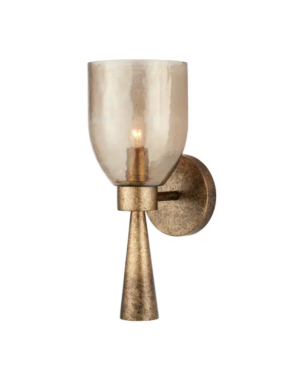 The Woburn Wall Sconce combines a dramatic torch-like silhouette with a heavily textured glass shade and distinctive copper-to-gold ombre finish. Its compact 6.5" width makes it ideal for narrow spaces while delivering substantial visual impact.