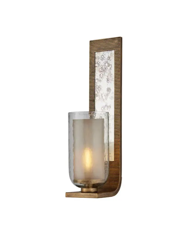 The Wynyard Wall Sconce combines vintage glamour with modern functionality. Its ribbed iron frame in antique gold surrounds an antique mirror inset, creating dimensional visual interest perfect for powder rooms and hallways.