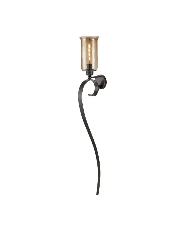The Wemyss Wall Sconce makes a bold architectural statement with its impressive 61.5-inch height and curling iron ribbon design. The Gilded Oak/Smoke finish adds warmth to the dramatic black silhouette, perfect for grand spaces.