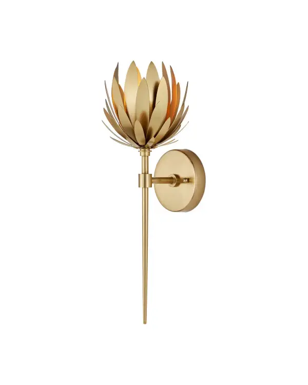 The Protea Wall Sconce brings organic elegance to any space with its lotus flower-inspired shade in warm brass. Its compact size and sculptural design make it ideal for adding refined accent lighting in bathrooms, hallways, and bedrooms.