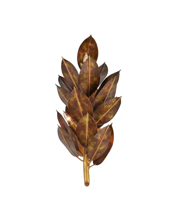 The Weston Wall Sconce brings organic beauty indoors with hand-finished magnolia leaves in burnished verdigris. Its three-light design provides ample illumination while the sculptural metalwork creates visual interest on any wall.