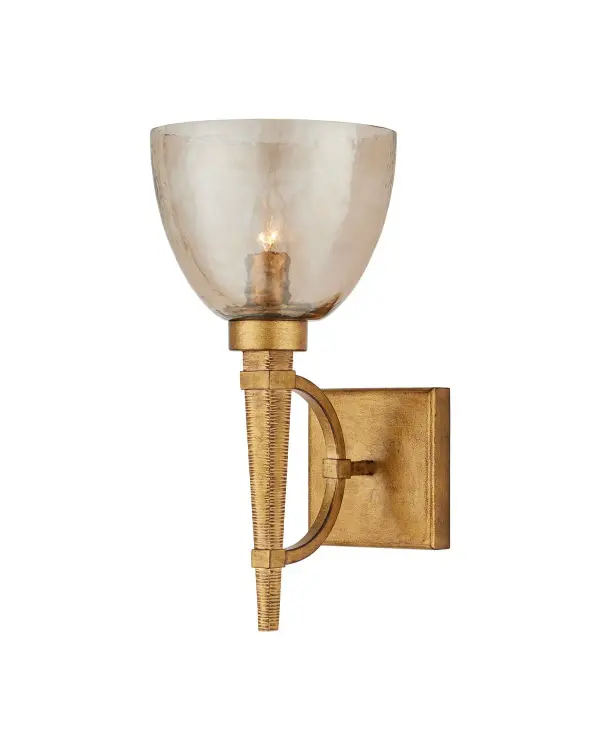 The Glistero Wall Sconce combines classic torch-like styling with sophisticated metalwork and richly textured gold luster glass. Its compact 8-inch width makes it ideal for hallways and powder rooms where space is limited.