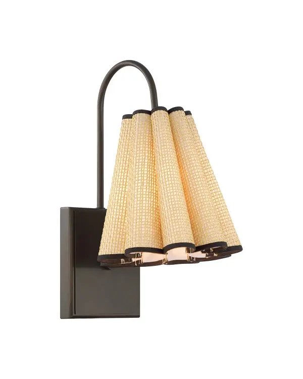 A charming wall sconce that combines natural grasscloth with refined metalwork. The pleated shade creates soft, warm illumination while the scalloped edges add visual interest. Perfect for spaces seeking organic texture with sophisticated style.