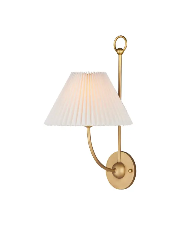 The Cedric Wall Sconce combines traditional elegance with refined proportions. Its arcing brass arm and pleated fabric shade create soft, ambient lighting perfect for intimate spaces. The decorative globe detail adds visual interest.