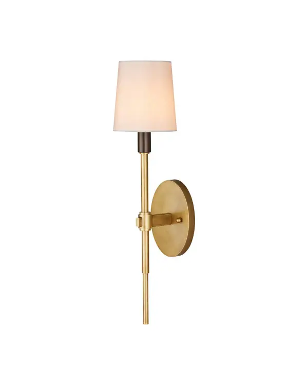 The Grigsby wall sconce combines geometric sophistication with a slim profile, making it ideal for narrow spaces. Its antique brass finish transitions elegantly to bronze at the shade cap, creating visual interest without overwhelming.
