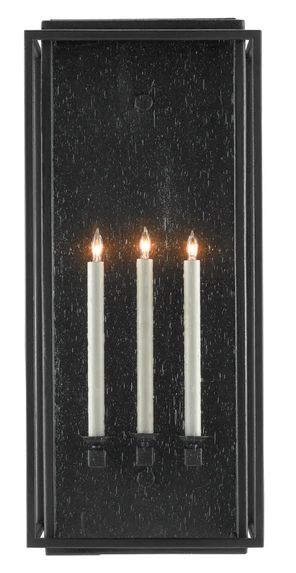 The Wright sconce combines Mission-style design with modern durability. Its substantial wrought iron frame and seeded glass create dramatic outdoor lighting with a 5-year finish warranty against fading and rust.