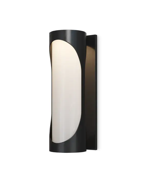 The Swale Large LED Wall Sconce delivers striking architectural presence with its graphic silhouette and strategic cutouts. The milky white glass front provides uniform illumination while the powdercoated metal construction ensures weather durability.