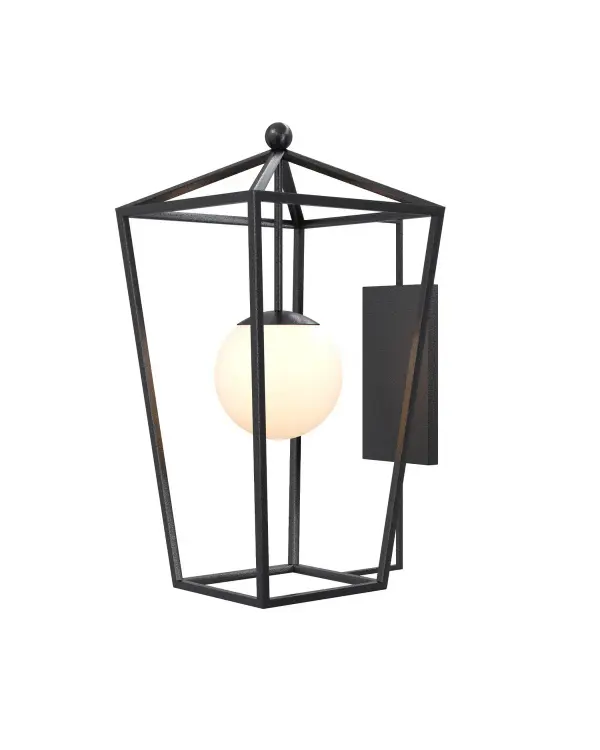 The Denison wall sconce combines timeless design with practical outdoor durability. Its wrought-iron frame in midnight finish and frosted glass globe create ambient lighting perfect for entryways and patios.
