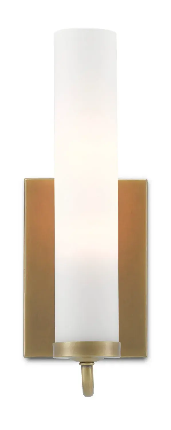 The Brindisi wall sconce combines graceful curves with modern simplicity. Its arcing arm and cylindrical opaque glass shade create a sophisticated look perfect for bathrooms and hallways. Damp-rated for versatile placement.