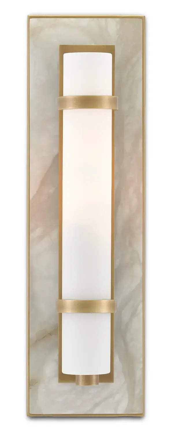 The Bruneau Wall Sconce combines cloudy alabaster, antique brass metalwork, and opaque glass in a refined composition. Its compact 5-inch width and decorative strap-like circlets make it ideal for bathroom vanities and powder rooms where space is limited but style matters.