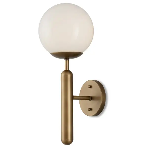 The Barbican Single-Light Brass Wall Sconce features a tubular stem that balances a cup-like shape, into which a translucent glass globe nestles. Keeping the design minimal, the button-like hardware is streamlined to perfection. This gold sconce is part of the Barbican Collection of damp-rated lighting, designed specifically for bathrooms. The Barbican can also be mounted sideways to fit over a mirror. Collection: Barbican Finish: Antique Brass/White Width: 6.50" Height: 17.00" Length: 7.50" Weight: 4.00 lb Extension from Wall: 7.50" Wire: 1'Black/White Canopy: 0.75" Number of Bulbs: 1 Maximum Wattage: 60.00 W Bulb Type: B Torpedo Bulb Base: E12 Dimmable Voltage: 120.00 V Material: Metal / Glass Country of Origin: China Safety Listing: ETL Safety Rating: Damp Manufacturer Warranty: Warrants products for 1 yr against defects in materials & workmanship