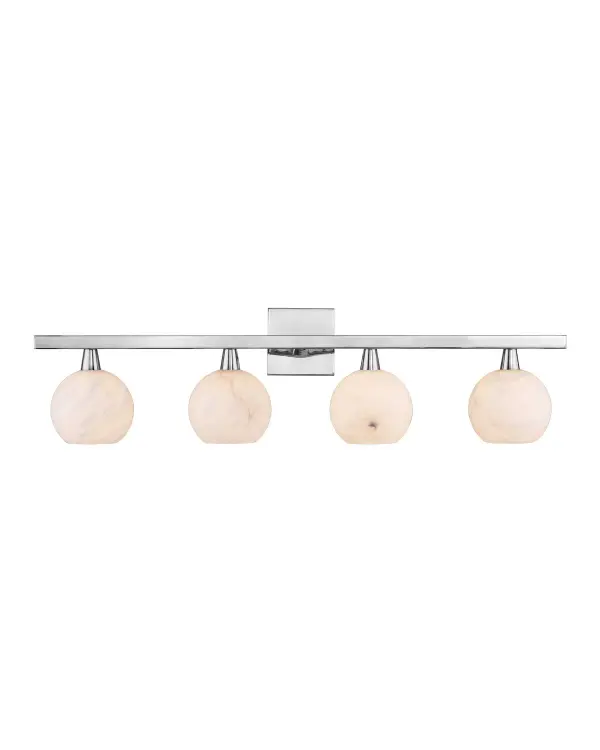 The Bombelles bath bar delivers abundant, diffused light through natural alabaster globes paired with polished nickel hardware. Its 38-inch width makes it ideal for double vanities, while the cool metallic finish complements modern and transitional bathrooms.