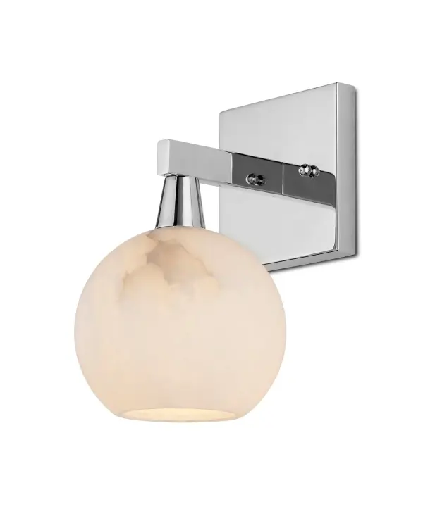 The Bombelles wall sconce combines polished nickel hardware with a natural alabaster globe for sophisticated bathroom lighting. Its compact 6-inch width makes it ideal for flanking mirrors or tight spaces.