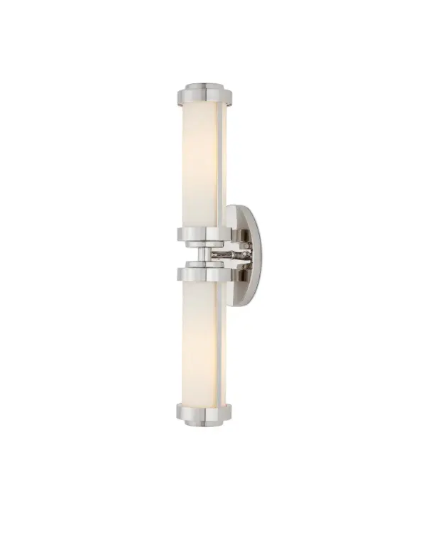 A contemporary update to a classic hourglass profile, this polished nickel sconce brings refined elegance to bathrooms and hallways. The opaque glass tubes provide soft, even illumination while the sleek metal caps add modern sophistication.