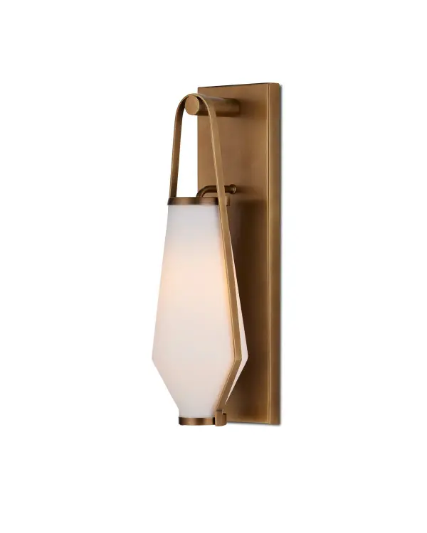 The Brompton sconce brings refined elegance with its antique brass finish and distinctive suspended shade design. The white glass canister creates a soft, luminous glow perfect for bath and hallway applications.