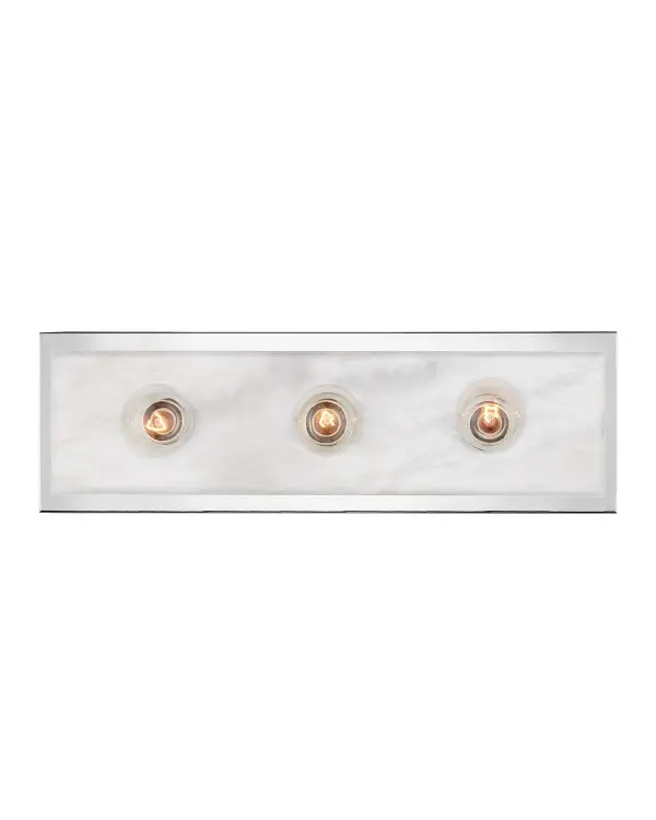 The Berdine bath sconce showcases natural alabaster beauty with a sleek polished nickel frame. Its versatile vertical or horizontal mounting and beveled stone detail make it a sophisticated choice for modern bathrooms.