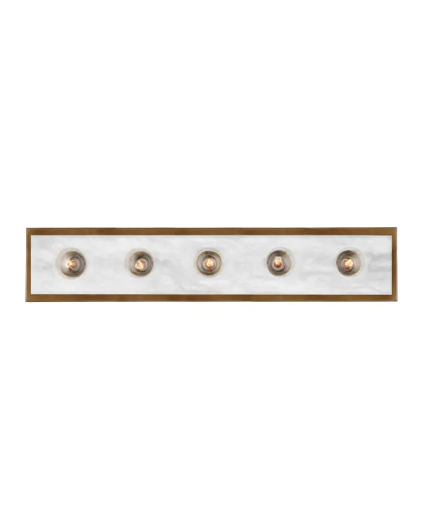 The Berdine bath bar showcases natural alabaster in a sleek antique brass frame. Its vertical or horizontal mounting flexibility and beveled stone detail make it a sophisticated choice for modern bathrooms.