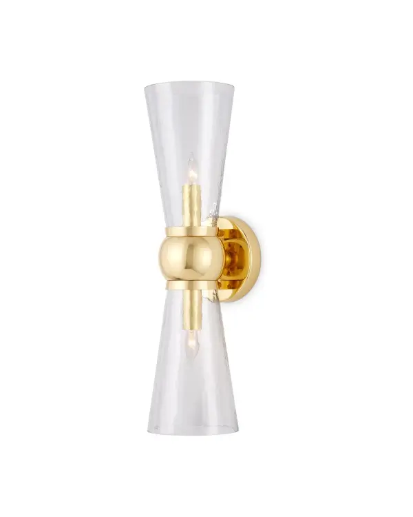 The Byford bath sconce combines polished brass with hammered glass cones to create a sophisticated lighting solution. Its compact 17.75-inch height makes it ideal for vanity lighting, while the textured glass provides soft, flattering illumination.