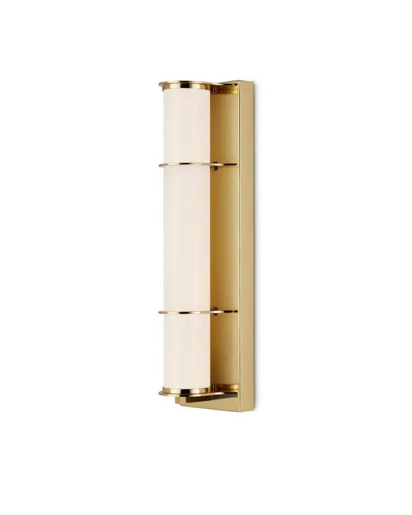 The Blaine Bath Sconce combines polished brass with milky white glass in a clean tubular design. Its compact 18-inch height and 4-inch extension make it ideal for flanking mirrors without overwhelming smaller bathrooms.