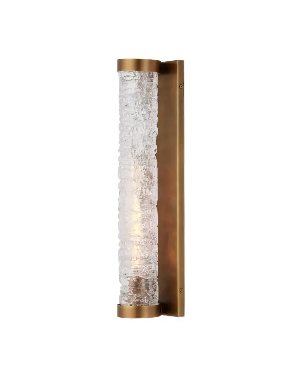 The Busby sconce combines warm brushed brass with handcrafted textured glass tubes for a sophisticated bathroom accent. Damp-rated and dimmable, it delivers both durability and ambiance control in moisture-prone spaces.
