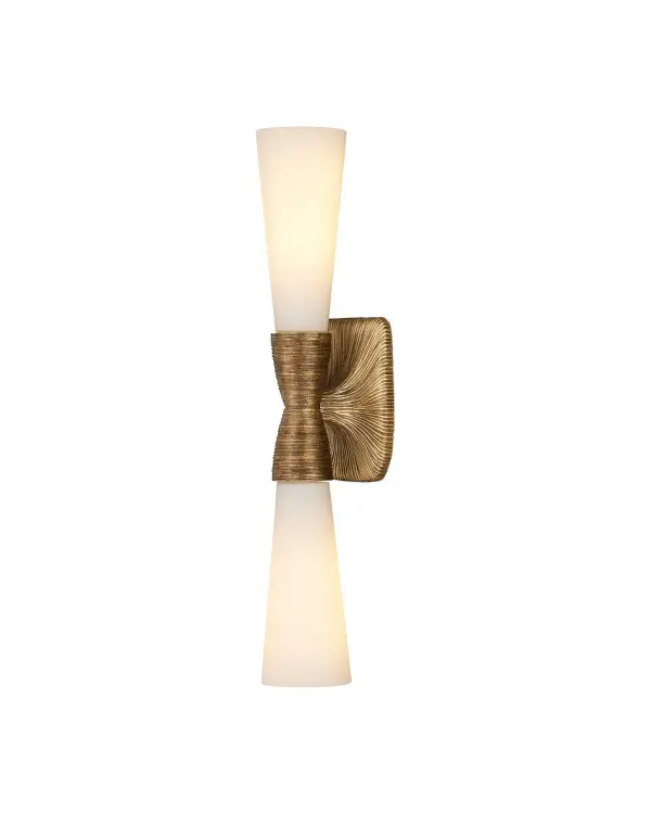A striking two-light wall sconce featuring cast brass with highly textured surfaces that evoke flowing strands swept into a bun. White glass globes create an elegant hourglass silhouette, perfect for modern bathrooms and hallways.