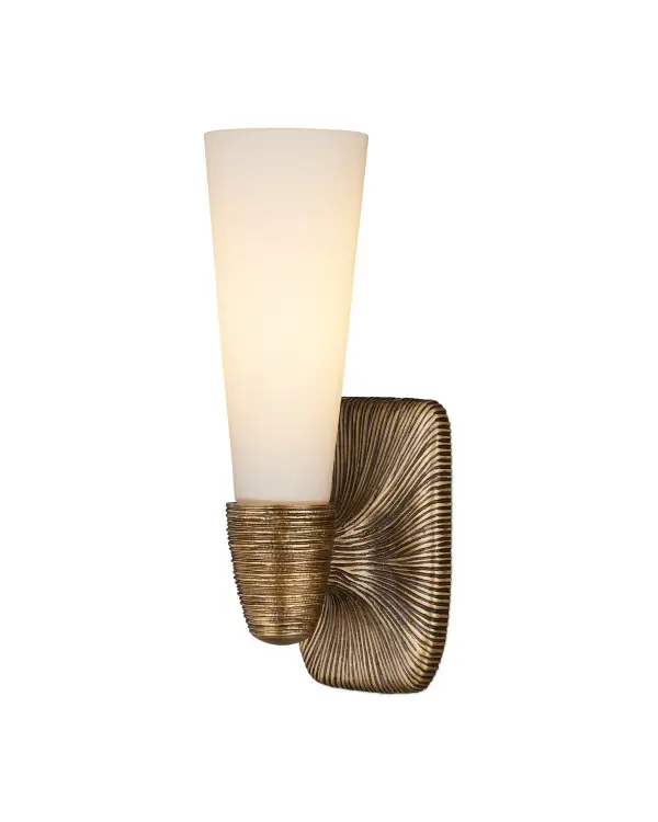 The Bonaz sconce transforms functional bathroom lighting into an artistic statement. Its cast brass construction features flowing, hair-like texture that creates visual intrigue, while the white glass shade provides soft, ambient illumination.