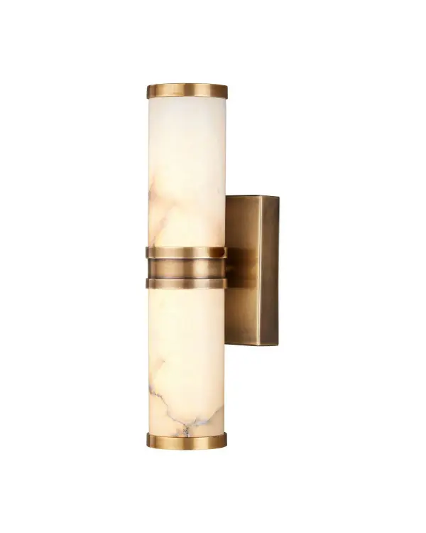 The Brenham combines vintage brass craftsmanship with modern LED efficiency. Its dual alabaster tubes create a soft, diffused light perfect for intimate spaces. Compact at 14.5" wide, it delivers sophisticated style without overwhelming smaller walls.