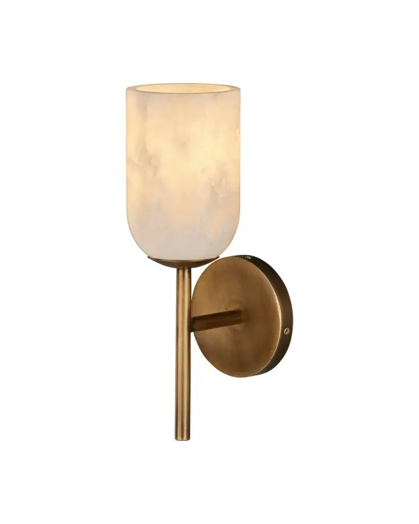 The Belmont Wall Sconce combines natural alabaster with antique brass for a sophisticated, transitional look. Its upward-facing design creates ambient glow perfect for bathrooms and hallways. Compact at 5" wide, it fits tight spaces beautifully.