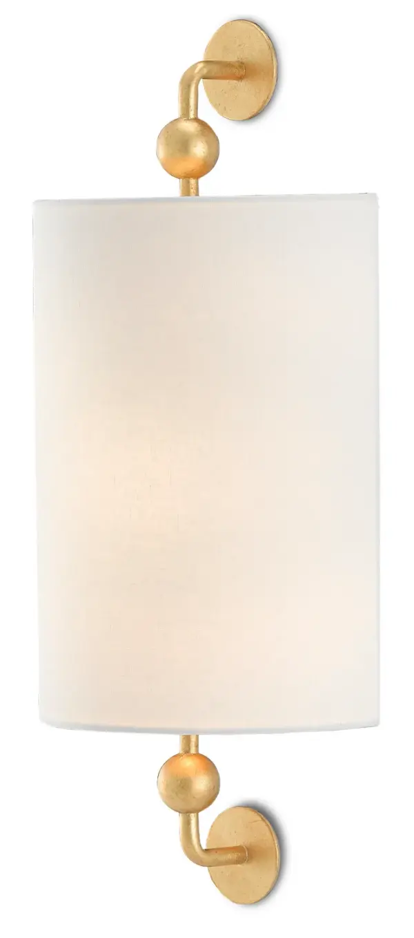 The Tavey wall sconce combines contemporary elegance with practical compliance. Its wrought iron frame in gold leaf finish features decorative globe details and an off-white linen shade that provides soft, diffused light. ADA-compliant design makes it ideal for accessible spaces.