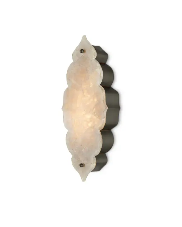 A sophisticated wall sconce blending Moroccan design with modern LED efficiency. The natural quartz stone shade creates a warm, diffused glow while the dual-finish metalwork adds visual interest. ADA compliant and energy-efficient.
