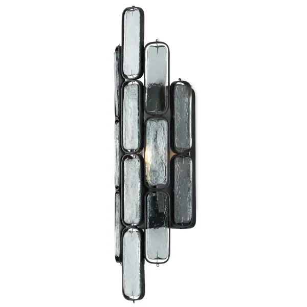 This streamlined wall sconce pairs elongated recycled glass panes with a minimalist wrought iron frame in satin black. The wavy glass texture creates luminous visual interest while maintaining a clean profile perfect for narrow spaces.