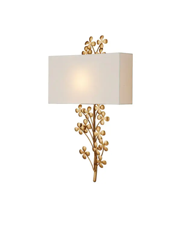 The Cloverfield Wall Sconce brings organic elegance to any space with its flowing shamrock-inspired design. Crafted in wrought iron with luxurious gold finishes and a soft linen shade, it balances whimsy with sophistication.