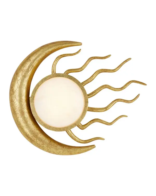 The Tona LED Wall Sconce transforms functional lighting into wall art with its dramatic sunburst silhouette inspired by vintage jewelry. Hand-applied gold leaf finish and warm marble glow create sophisticated ambiance.
