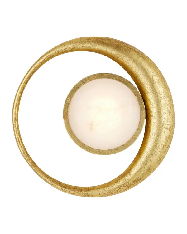 The Muluk LED Wall Sconce transforms a vintage brooch motif into a sophisticated lighting statement. Hand-applied gold leaf and glowing marble create warmth and visual interest while ADA compliance ensures practical functionality.