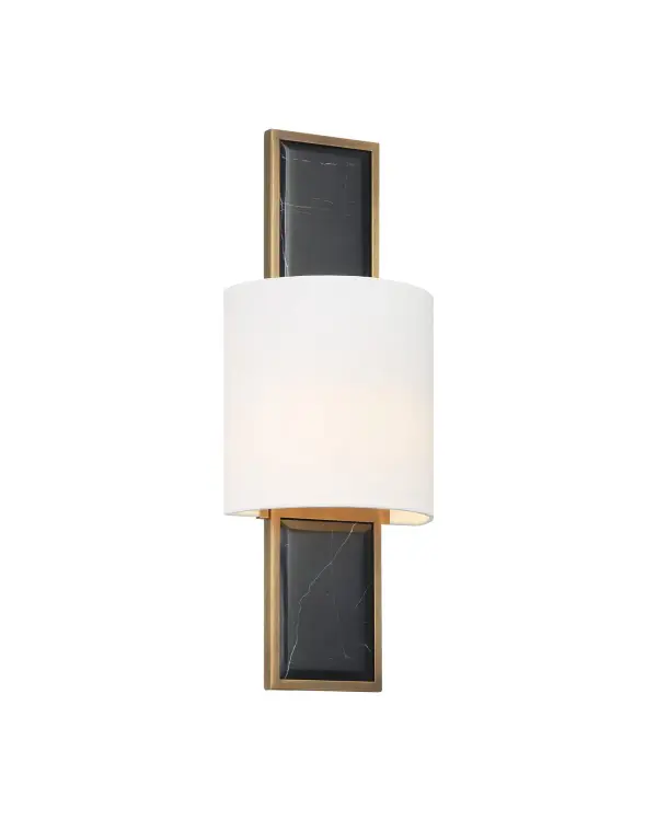The Lowesdale combines sophisticated materials—black marble insets and brass backplate—with practical LED efficiency and ADA compliance. Its waterproof shade makes it versatile for damp locations like bathrooms.