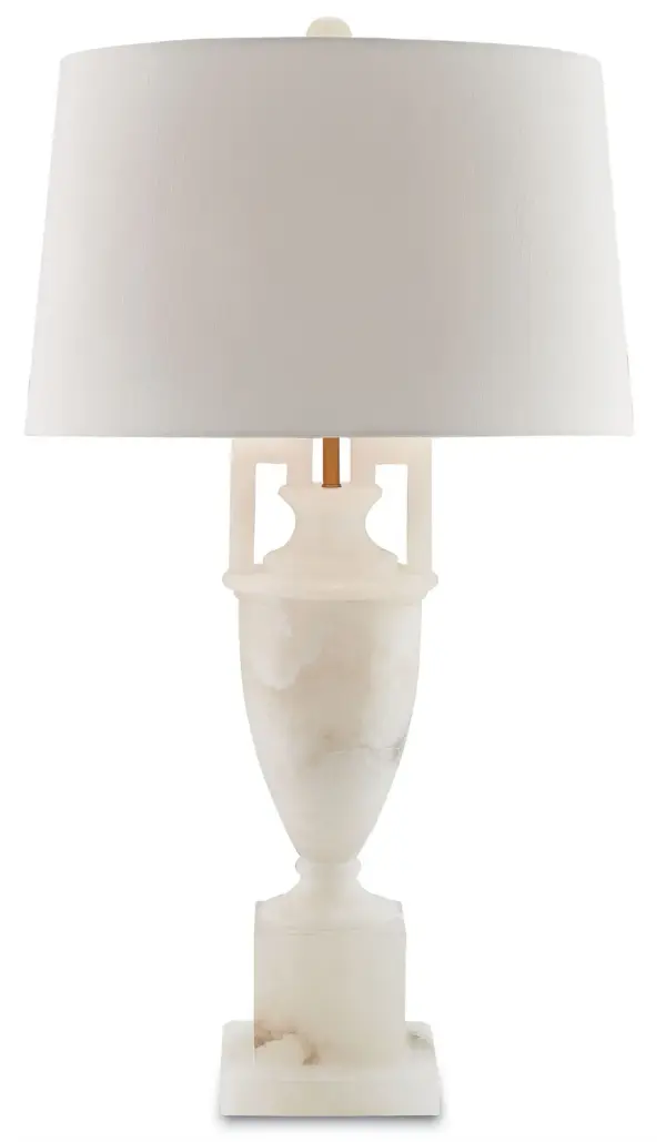 The Clifford Table Lamp combines classic urn silhouette with natural alabaster marble for sophisticated elegance. Subtle coffee bronze hardware complements the stone's pale rust veining, while the off-white shantung shade provides warm, diffused light.