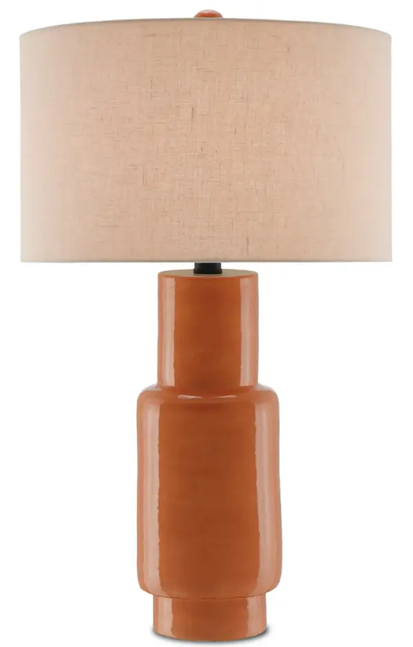 The Janeen brings vibrant personality to any space with its hand-crafted terracotta base in a striking orange glaze. The contrast of warm ceramic and matte black hardware creates visual interest, while the neutral linen shade balances the bold base.